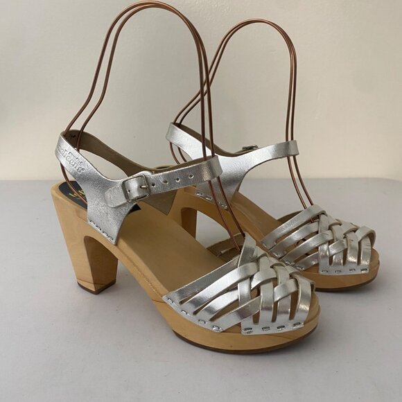 Swedish Hasbeens Toffel Sandals w Heel Shoes Silver Metallic - Picture 10 of 10